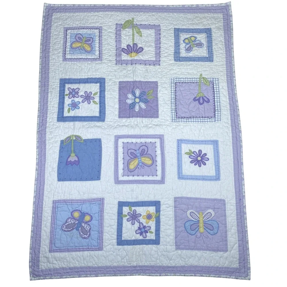 Pottery Barn Kids Quilt 48X35 Toddler Purple Butterfly Floral Cotton Patchwork